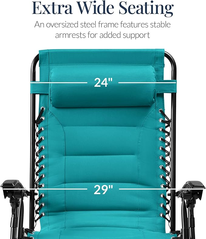 Best Choice Products Oversized Padded Zero Gravity Chair, Folding Outdoor Patio Recliner, XL Anti Gravity Lounger for Backyard w/Headrest, Cup Holder, Side Tray, Polyester Mesh - Peacock Blue