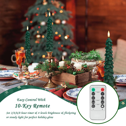 Christmas Tree Candles with Remote, 4 Pack Green Flameless Taper Candles Battery Operated, Real Wax 9.6 Inch Flickering Led Christmas Tree Candlesticks Decorations for Winter Home Holiday Xmas Gift