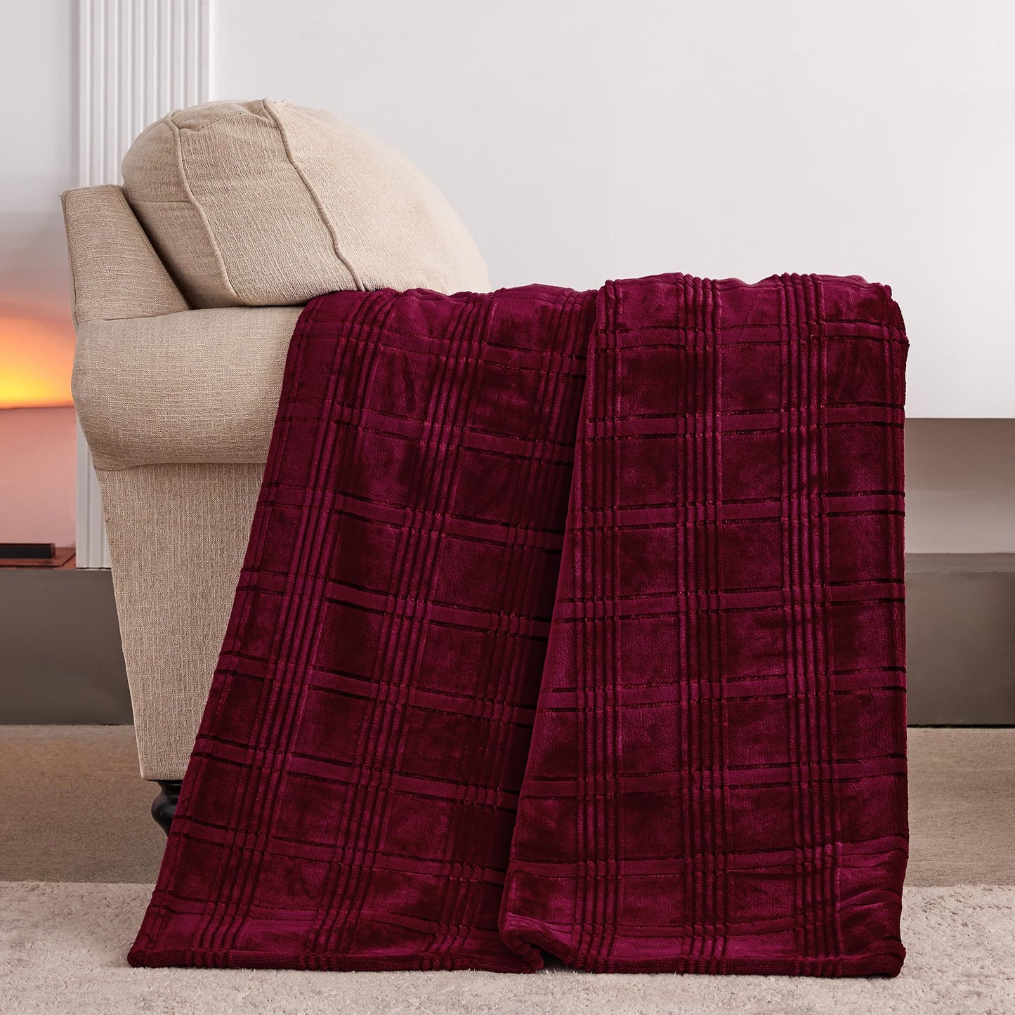 KORBLISS Super Soft Flannel Throw Blanket 50x60 Inches, Premium Checkered Jacquaed Silky Fleece Lightweight Bed Blanket All Season Use, Burgundy Strip, 50"x60"
