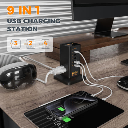 Charging Station for Multiple Devices, TESSAN 9-in-1 USB C Power Strip for iPhone 17/16/15, MacBook, Tablet, Desktop Phone Fast Charger with 3 AC, USB Charger, Home Drom Office Accessories, Black-65W