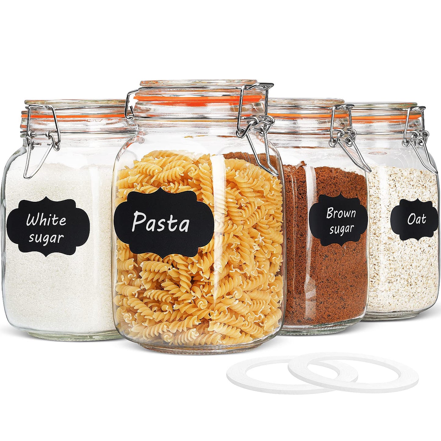 Qianfenie 50 oz Glass Jars with Airtight Lids, Wide Mouth Mason Jars with Clip Top Lids for Kitchen - Square Glass Jars with Chalkboard Labels and Replacement Silicone Gaskets, Set of 4