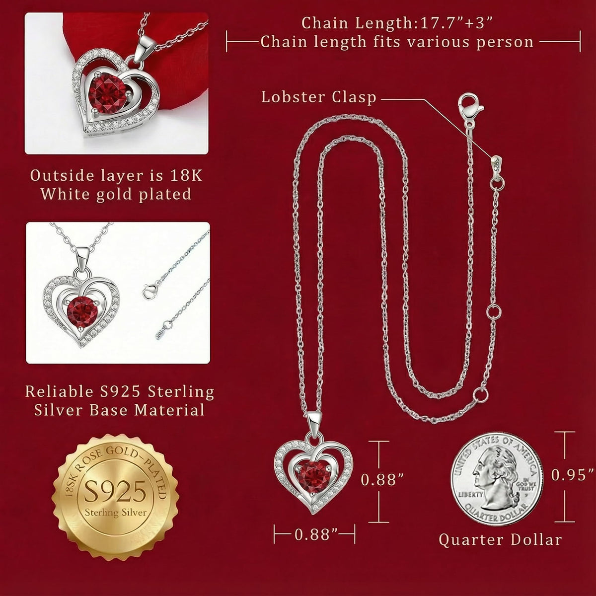 Eternal Real Rose Dainty Love Pendant , Preserved Red Rose Gift Box with Heart Necklace, Gifts for Women, Mom, Wife, Gifts Idea on Valentine's Day, Mother's Day, Birthday, Anniversary, Thanksgiving