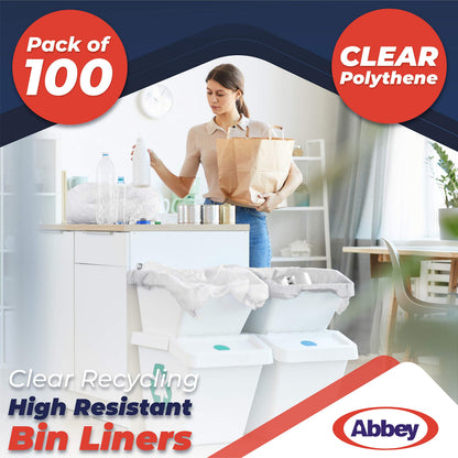 Abbey Pack of 100 Clear Plastic Recycling Bin Bags 90L – Transparent Recycling Bags for Kitchen, Bathroom, Bedroom, Office – Polythene Bin Liners bags –Clear Refuse Sacks 18 x 29 x 39 Inch – 64 Gauge