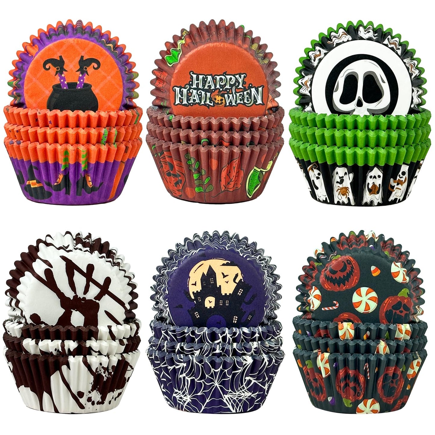 qiqee Halloween 300-Count Cupcake Liners Standard Cupcake Cups 6 Design Cupcake Papers Baking Cups Cupcake Wrappers for Halloween (Standard Size)
