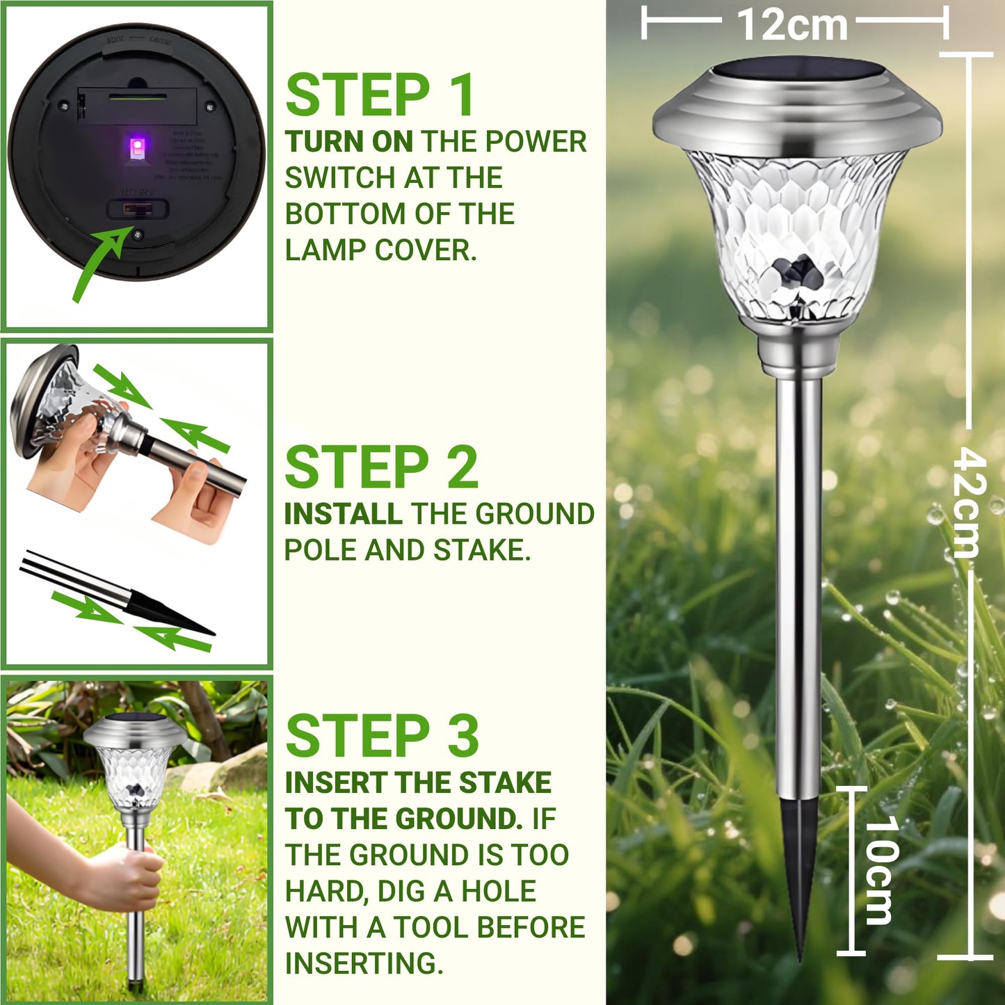 BEAU JARDIN 4 Pack Metal Garden Solar Lights Outdoor Waterproof 900mAh LED Solar Stake Lights Weatherproof Glass Lens Stainless Steel Pathway Lighting Sun Powered Landscape Lawn [Energy Class A]