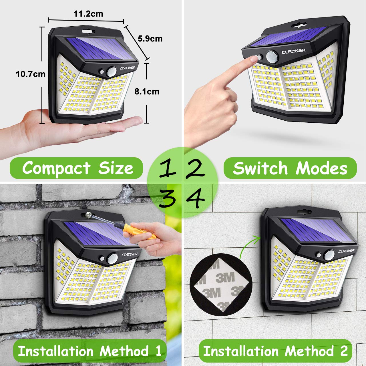 Solar Lights for Outdoor, Claoner 128 LED Motion Sensor Security Lights with 3 Lighting Modes IP65 Waterproof and Durable for Wall, 270° Angle for Yard Door Fence Pathway(4 Pack)