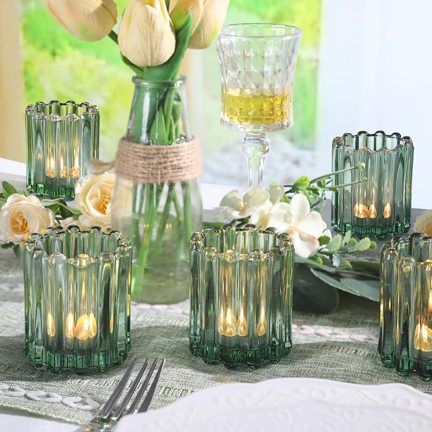 HAVITI 6 Pcs Votive Candle Holder, Green Glass Candle Holders, Tealight Candle Holder for Wedding Centerpieces Dinner Party Table Decor
