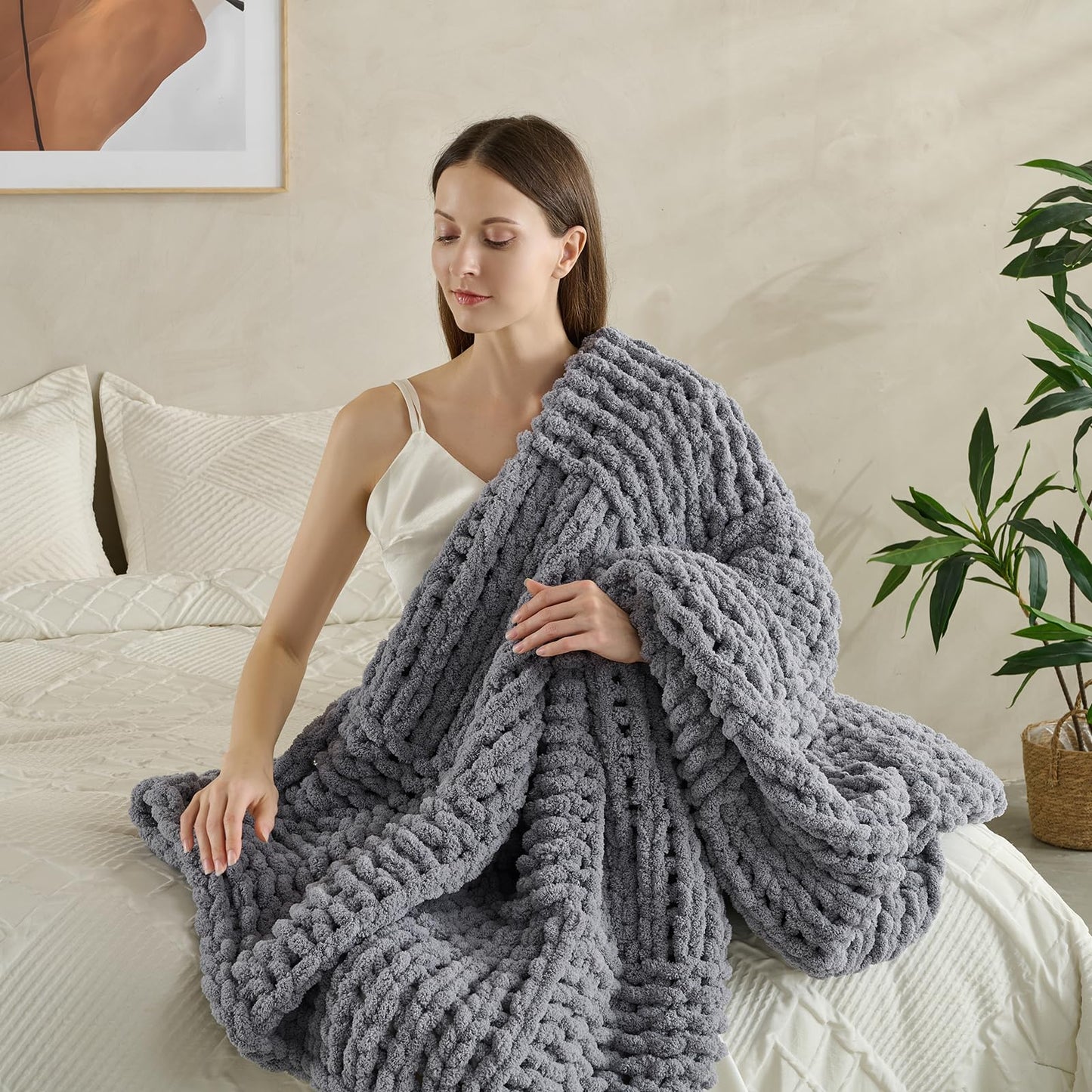 WZOWZO Chunky Knit Blanket Throw 50x60 Inches,Handmade Cable Knit Crochet Blanket,Cozy Lightweight All Season,Wrinkle-Resistant Polyester for Couch Bed Sofa Reading Nook,Grey