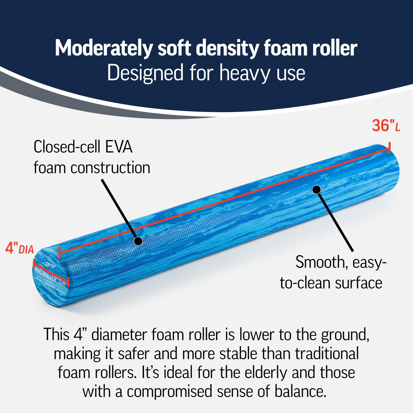 OPTP PRO-Roller Soft Density Foam Roller – Low Density Soft Foam Roller for Physical Therapy, Pilates, Yoga Foam Roll Exercises, and Muscle Recovery- Blue 36" x 6"