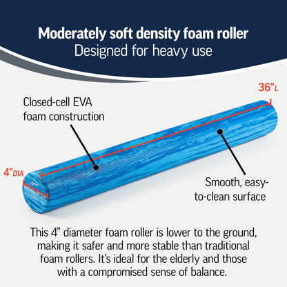 OPTP PRO-Roller Soft Density Foam Roller – Low Density Soft Foam Roller for Physical Therapy, Pilates, Yoga Foam Roll Exercises, and Muscle Recovery- Blue 36" x 6"