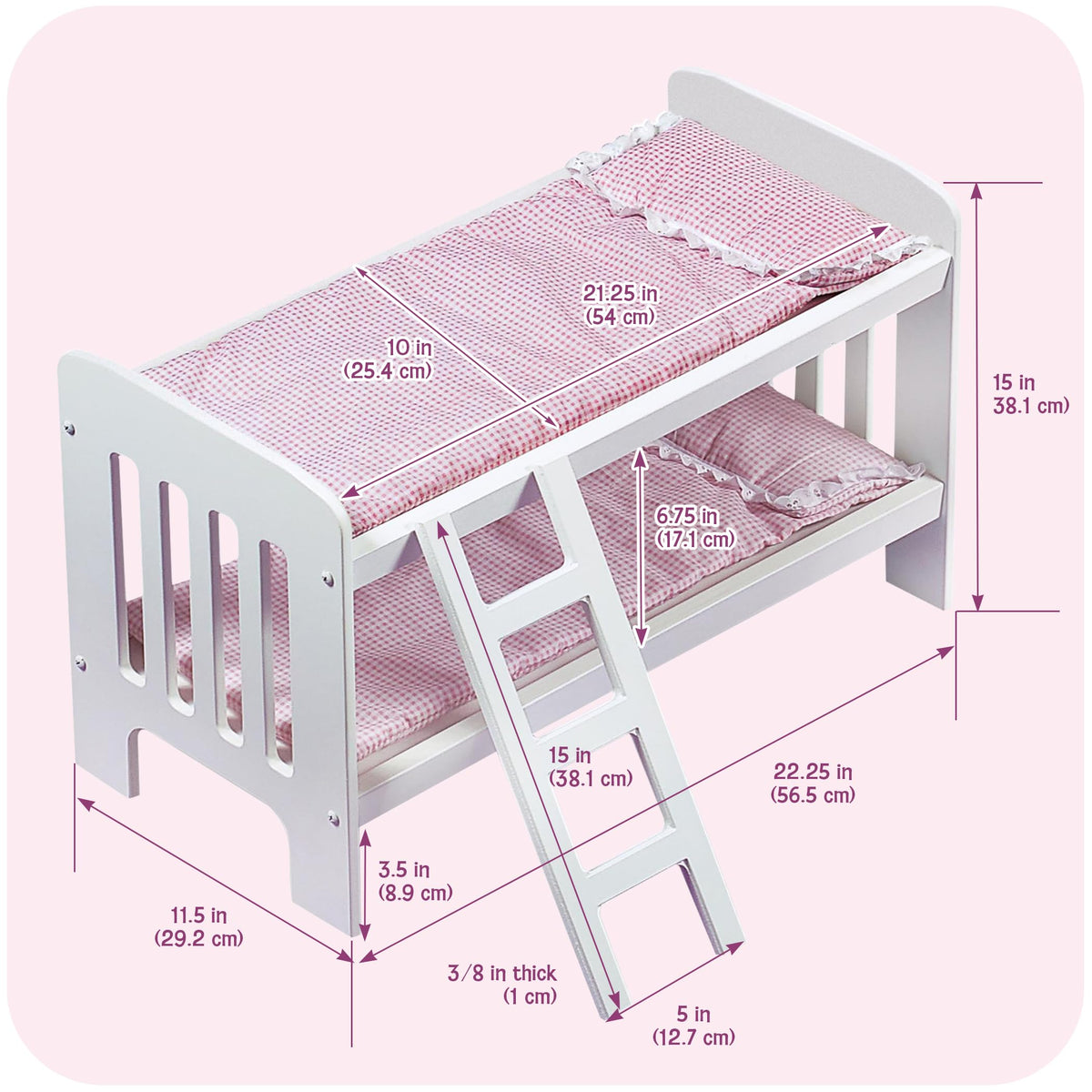 Badger Basket Doll Bunk Bed with Bedding & Ladder - Two Level Wooden Bed for Dolls, Includes Bedding & Accessories- White/Pink Gingham