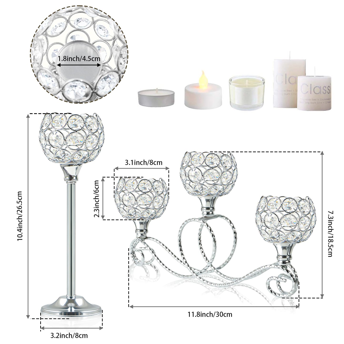 Silver Set of 6 Metal Crystal Tea Light Candle Holder, Elegant Wedding Table Centerpiece Candle Holder, Christmas Wishing Crystal Bowl Candle Holder Suitable for Wedding Party Living Room Decoration
