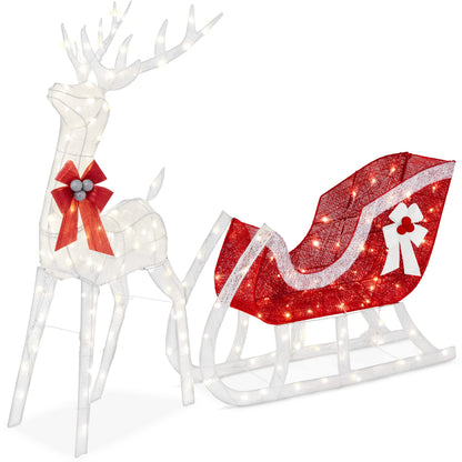 Best Choice Products Lighted Christmas 4ft Reindeer & Sleigh Holiday Outdoor Yard Decoration Set w/ 205 LED Lights, Stakes, Zip Ties - White