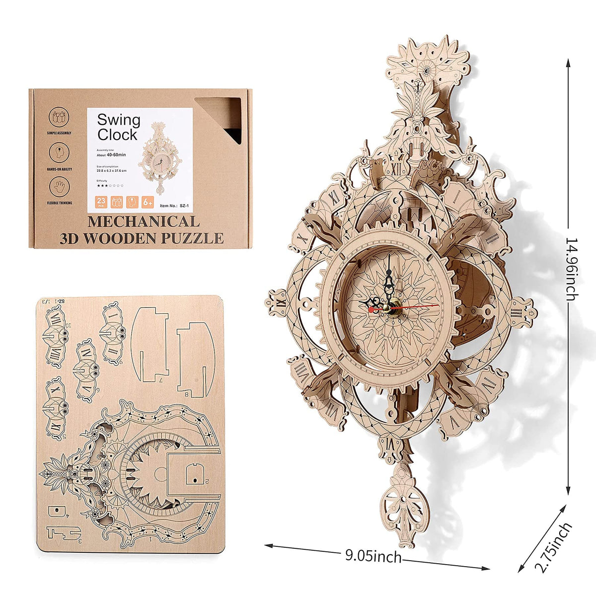 3D Wooden Puzzle Clock Kit DIY Mechanical Wall Clock Hanging Pendulum Gift for Adults & Teens