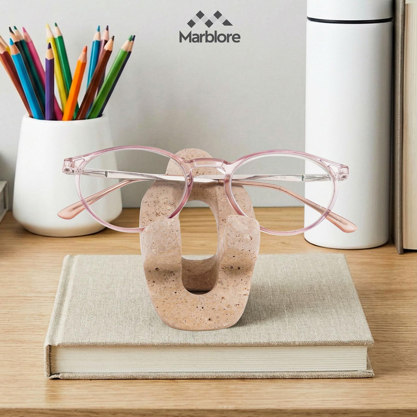 Marble Cell Phone Stand Holder in Travertine, 4'' Key & Sunglass Organizer, Pen & Pencil Stand for Office Stationery Home Office and Desk Stand Decor