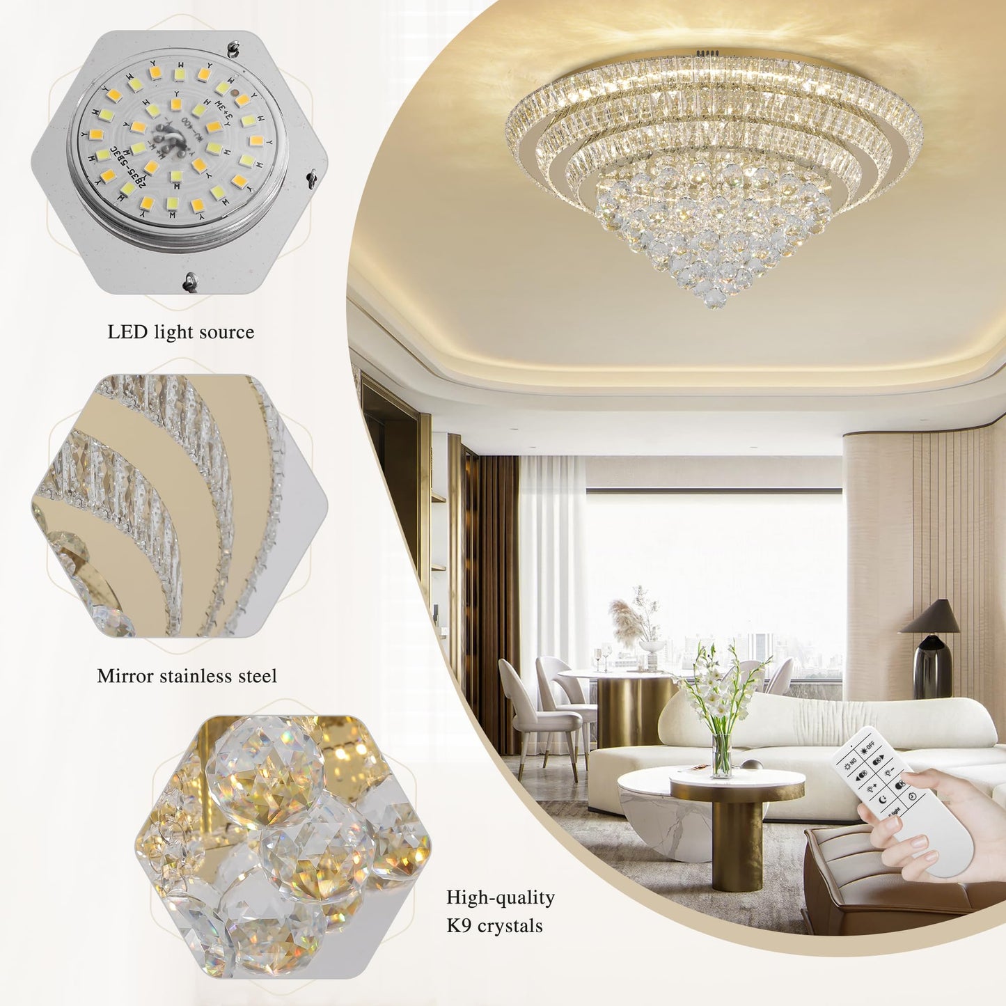 COCOSTAR 30" Gold Crystal Chandeliers, Flush Mount Chandelier LED Ceiling Light, Modern Crystal Raindrop Chandeliers for Dining Room, Living Room, Bedroom