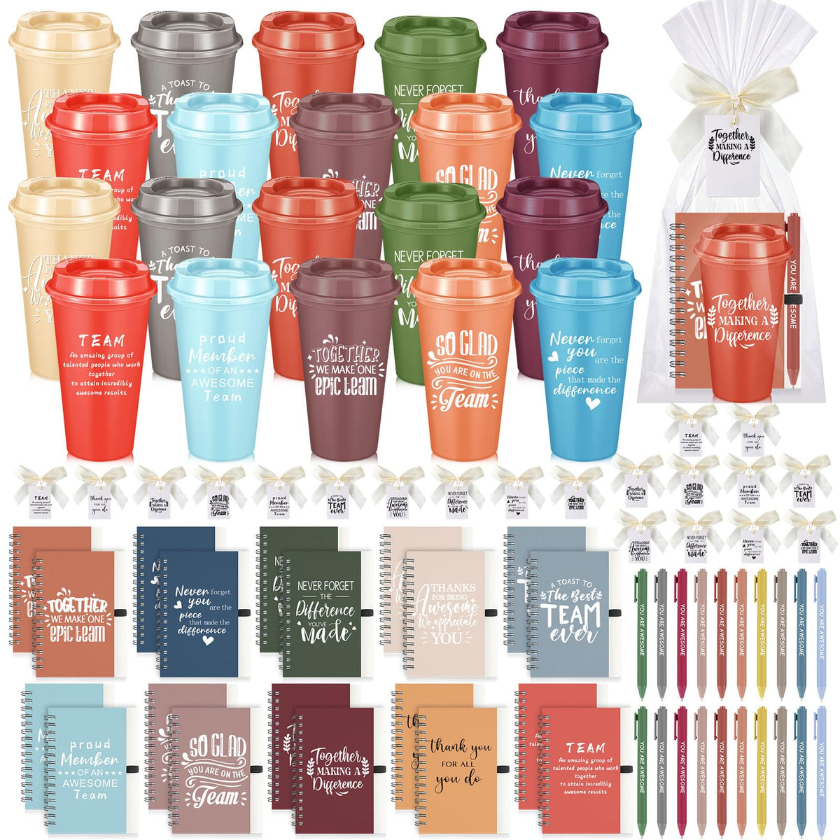 Willinglong 60 Pcs Employee Appreciation Gift Set, Including 16oz Thank You Tumblers Notebooks Ballpoint Pens and Bags Holiday Gifts for Office Colleagues, Teachers and Team(Difference,Vibrant Color)