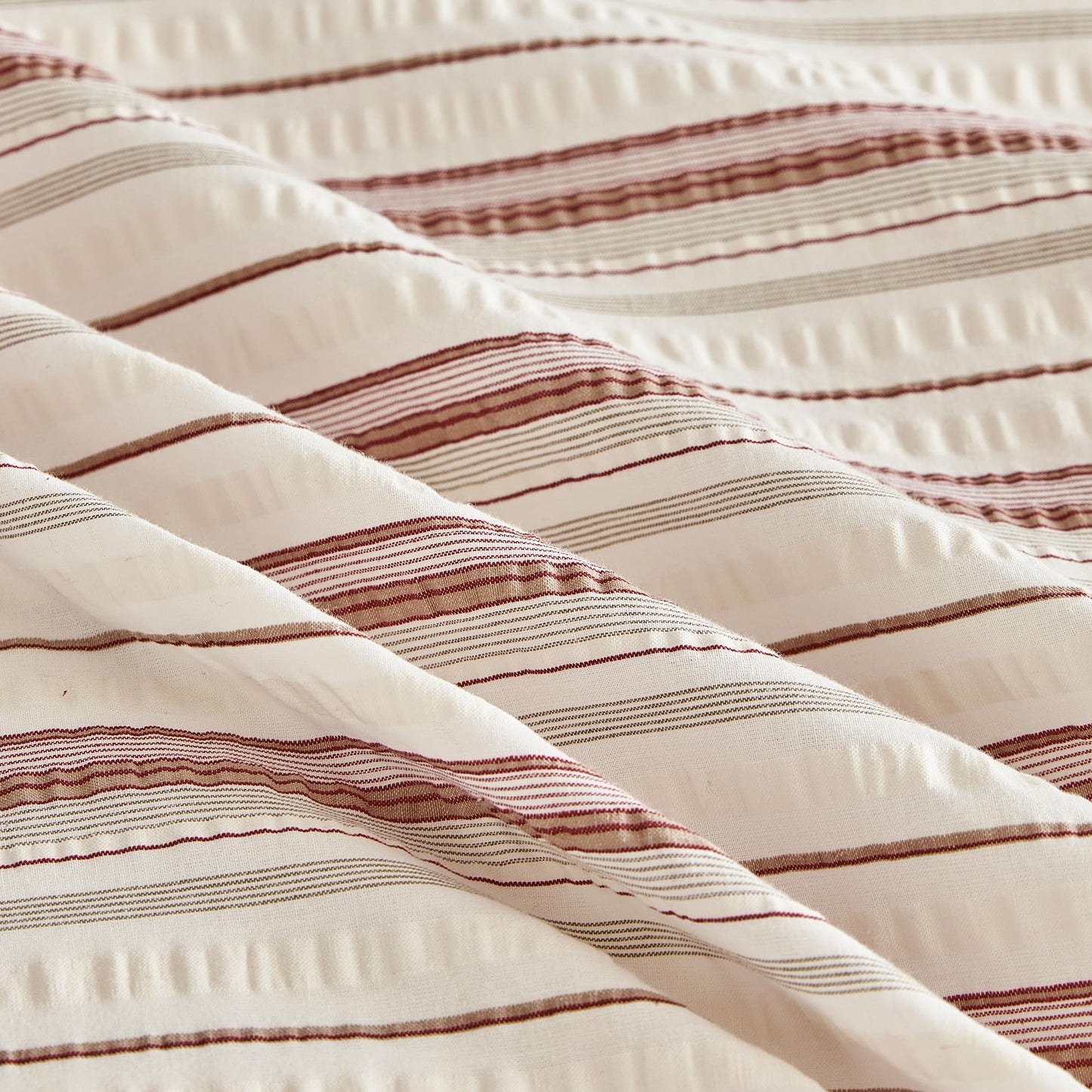 SUSYBAO Duvet Cover Queen 100% Cotton 3 Pieces Set 1 Red White Seersucker Duvet Cover with Zipper Ties 2 Pillow Shams Washed Cotton Classic Striped Textured Bedding Set Soft