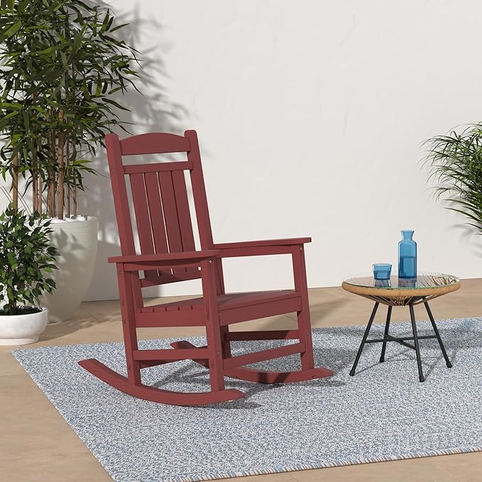 KINGYES Outdoor Rocking Chair Set of 2, High Density Polyethylene Patio Rocking Chairs with 330lbs Support for Adults, Dark Red