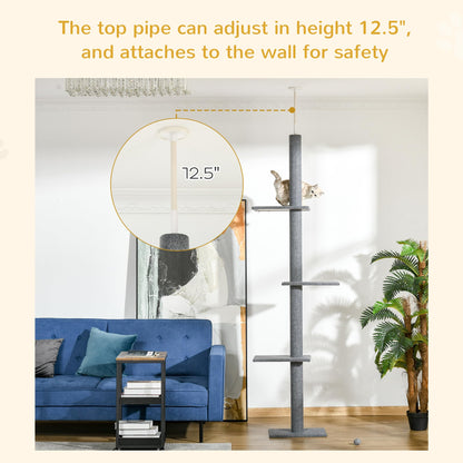 PawHut Floor-to-Ceiling Cat Tree Cat Climbing Tower with Sisal-Covered Scratching Posts Natural Cat Tree Activity Center for Kittens Cat Tower Furniture, Grey