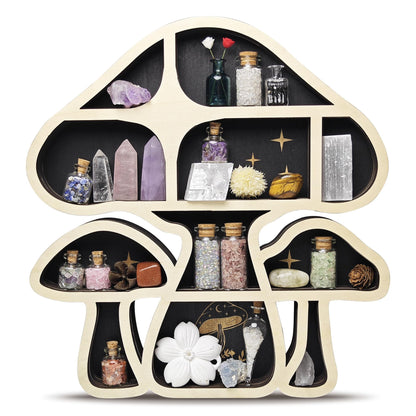 FNYDOX Wooden Mushroom Floating Shelves, Crystal Display Shelf for Wall, Cute Mushroom Wall Decor, Rock Gem Stone Storage Organizer, Essential Oil Holder Hanging Case, Meditation Art Spiritual Gift