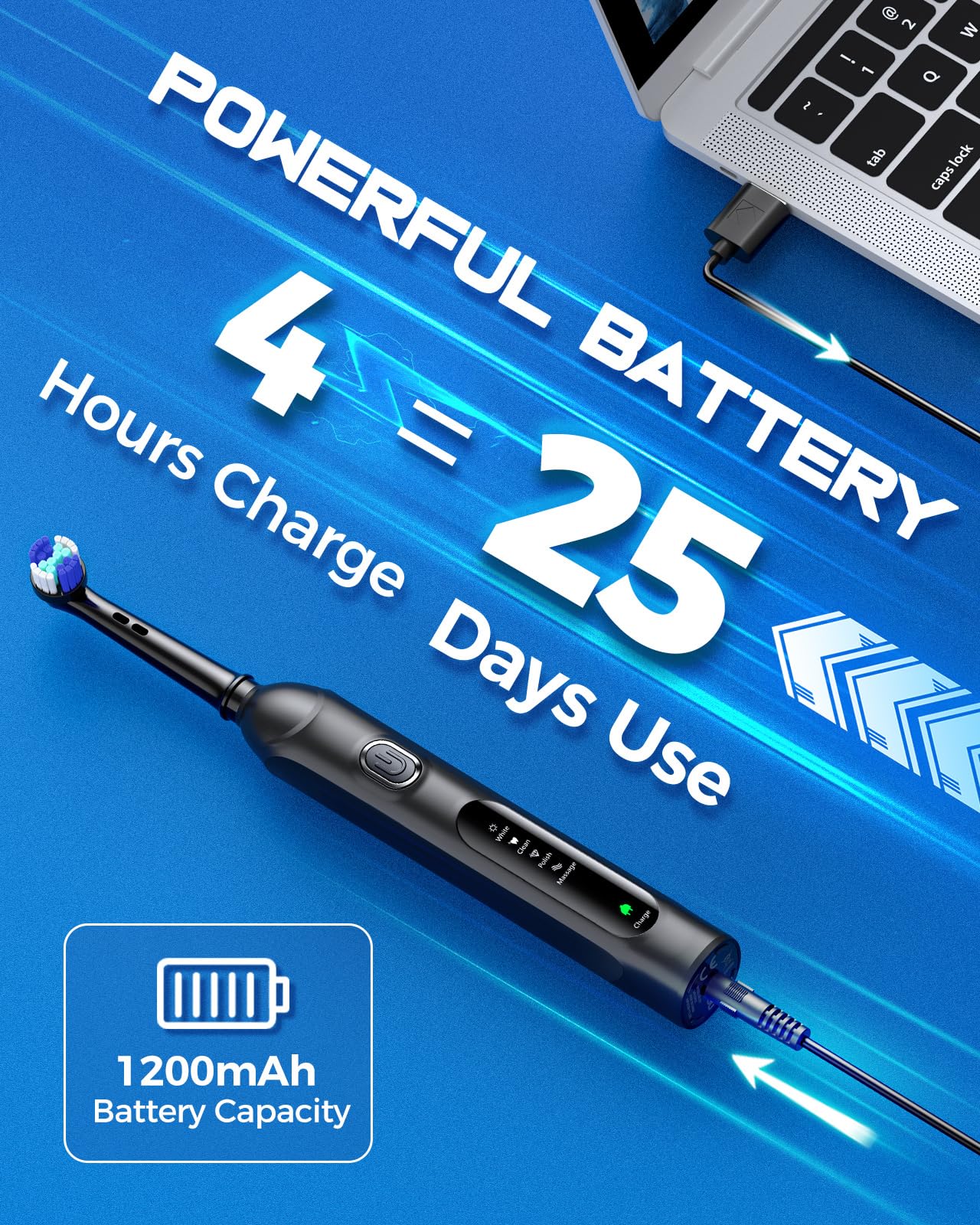 Rotating Electric Toothbrush Case for Adults, 4 Modes Deep Clean Electric Toothbrush with 8 Brush Heads (2 Types), 25-Days Rechargeable Power and 2 Min Smart Timer