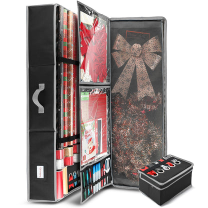 Hearth & Harbor Wrapping Paper Storage Container with Ribbon Storage Organizer - Christmas Storage Bag with Extra Interior Pockets - Gift Wrapping Organizer Storage Fits Up to 26 Rolls of 40" Length