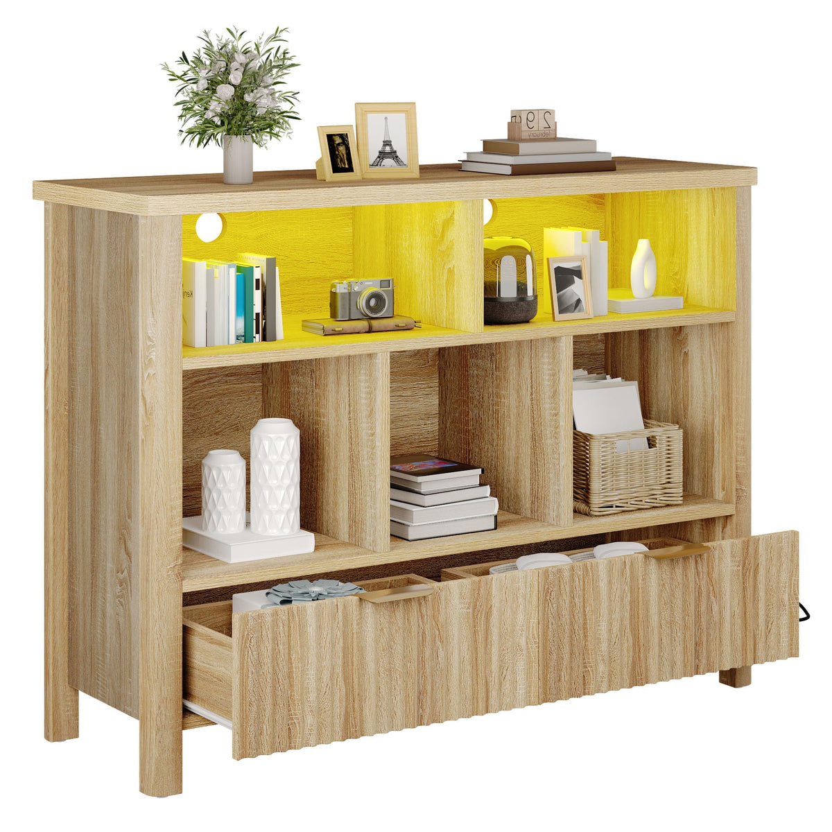YITAHOME Bookcase with Drawers, Fluted Wood Cubby Storage Organizer Shelf Cube Bookshelf with Adjustable LED Lighting, Modern Horizontal Bookshelf for Living Room, Office, Entryway, Oak