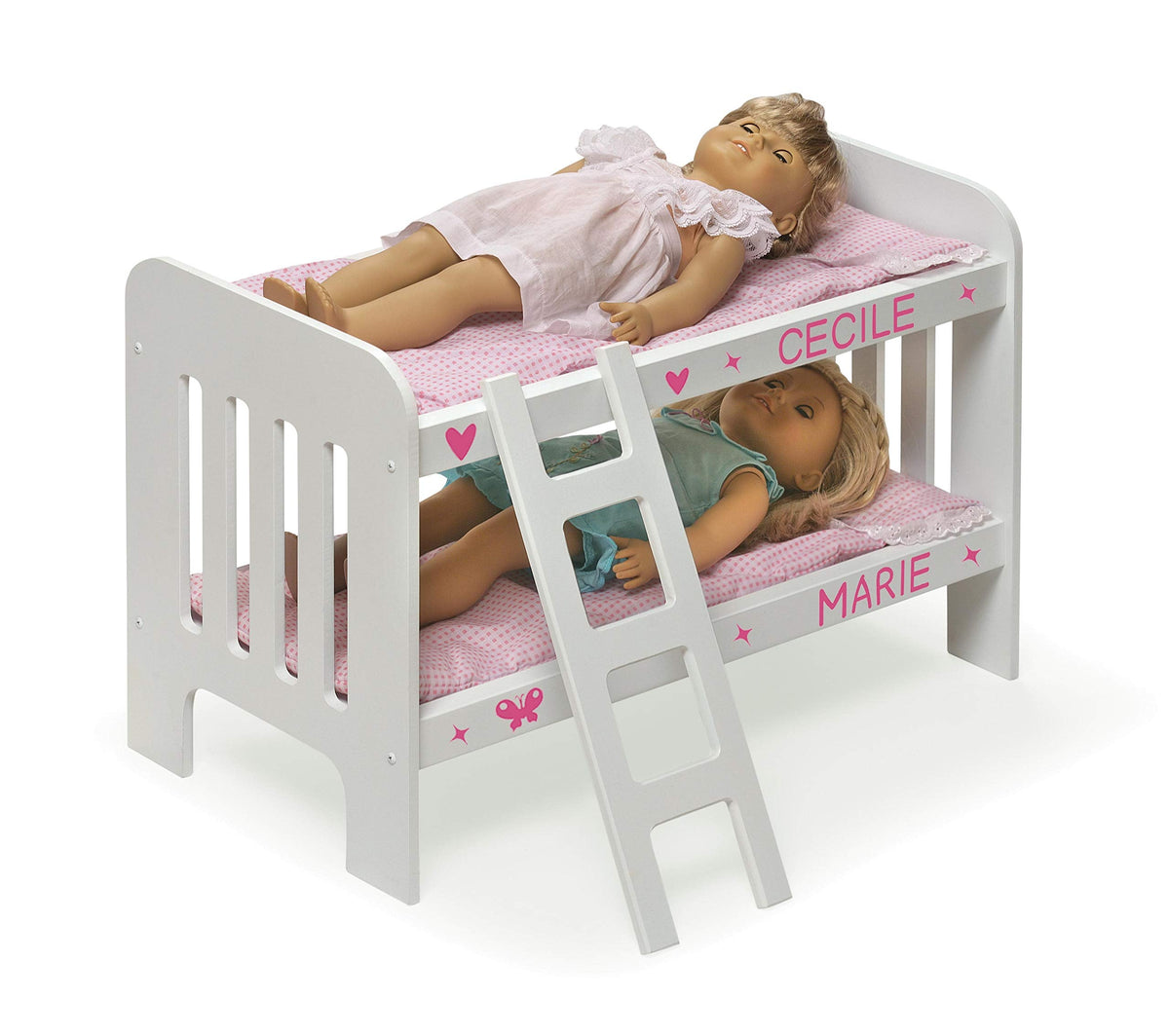 Badger Basket Doll Bunk Bed with Bedding & Ladder - Two Level Wooden Bed for Dolls, Includes Bedding & Accessories- White/Pink Gingham