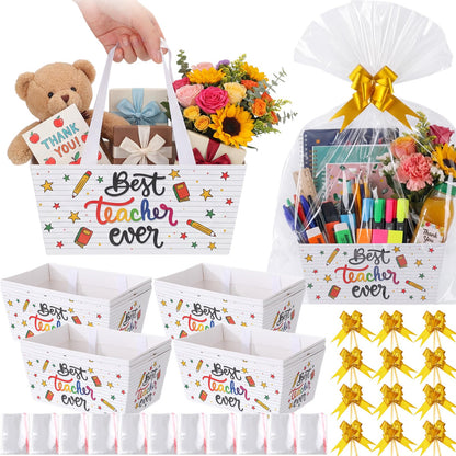 Moinchore 12 Set Teacher's Day Basket for Gifts Empty 9.8x6.5'' Best Teacher Ever Market Tray Cardboard with Bows, Cellophane Bags, Twist Tiles, Empty to Fill for Birthday Holiday Party Supply