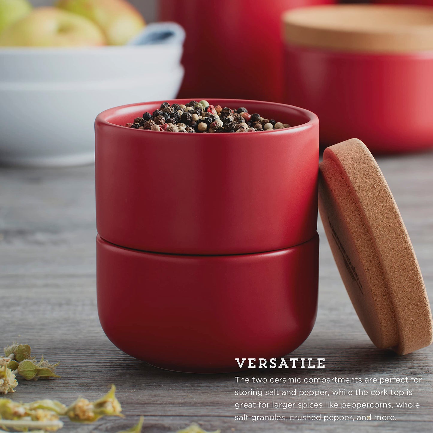 Ceramic and Cork 3 Piece Stackable Salt and Pepper Cellar For Countertop Space Saving1Easy Lift Lid to Retain Freshness for Easy Open, Natural Cork and Red Ceramic