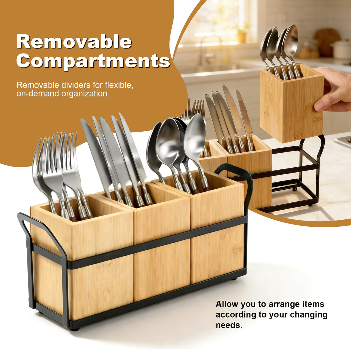 Utensil Holder for Kitchen Countertop, 3 Compartments Detachable Utensils Caddy, Wooden Utensils Organizer for Silverware, Spatula, Fork, Knife, Cutlery Storage, Counter Cooking Utensil Crock