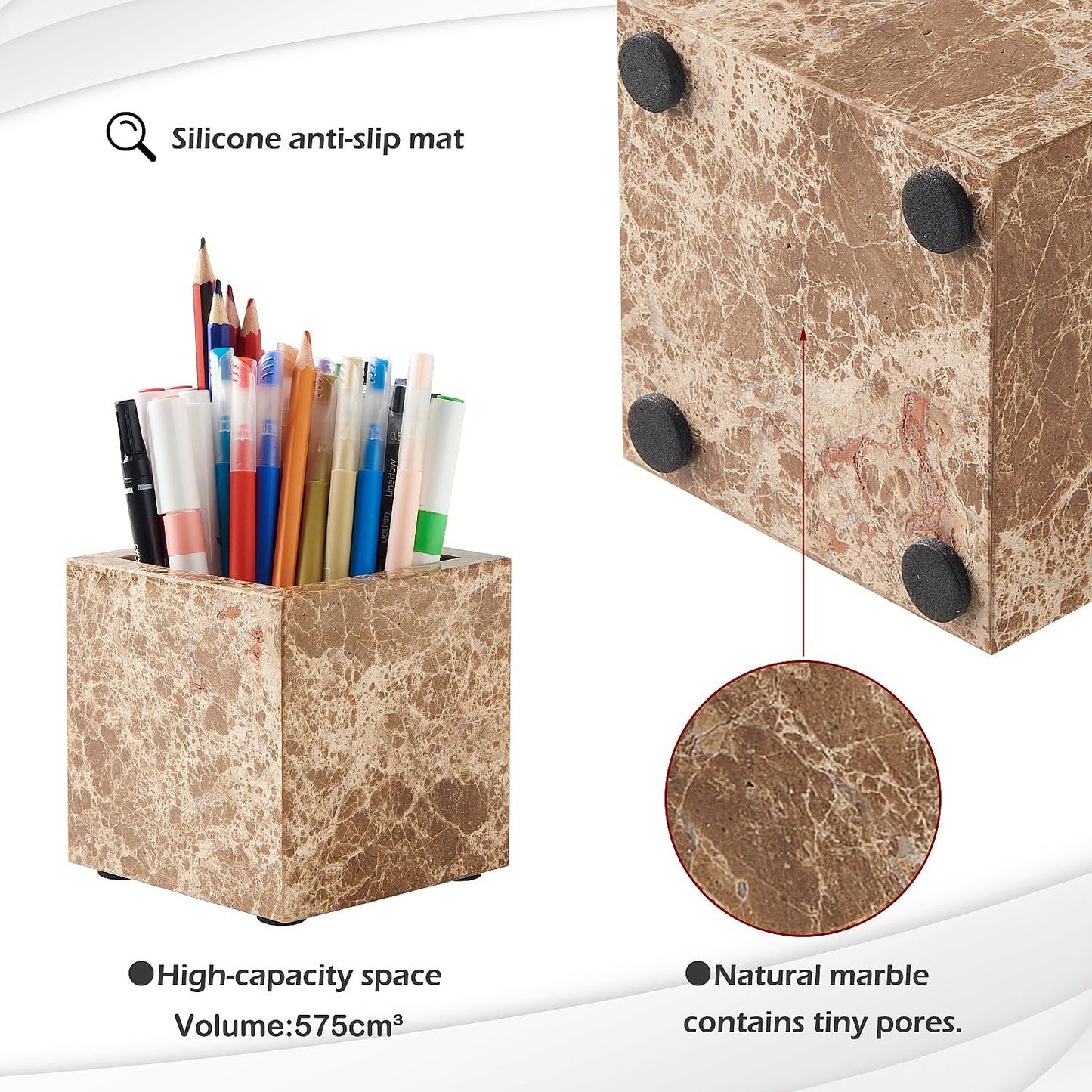 Natural Marble Makeup Brush Holder & Toothbrush Holder, Non-Ceramic, Non-Resin 3.93 Inch Square Marble Jar,Makeup Brush Organizer Suitable for Bathroom, Desk, and Living Room（Dark Brown）