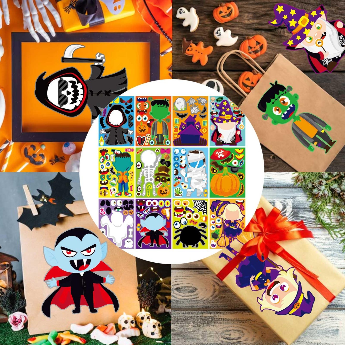 48 PCS Halloween Make-a-face Stickers Halloween Characters Stickers for Kids Make Your Own Mix and Match Sticker DIY Crafts Decorating Toy Sticker Trick or Treat Party Game Activities