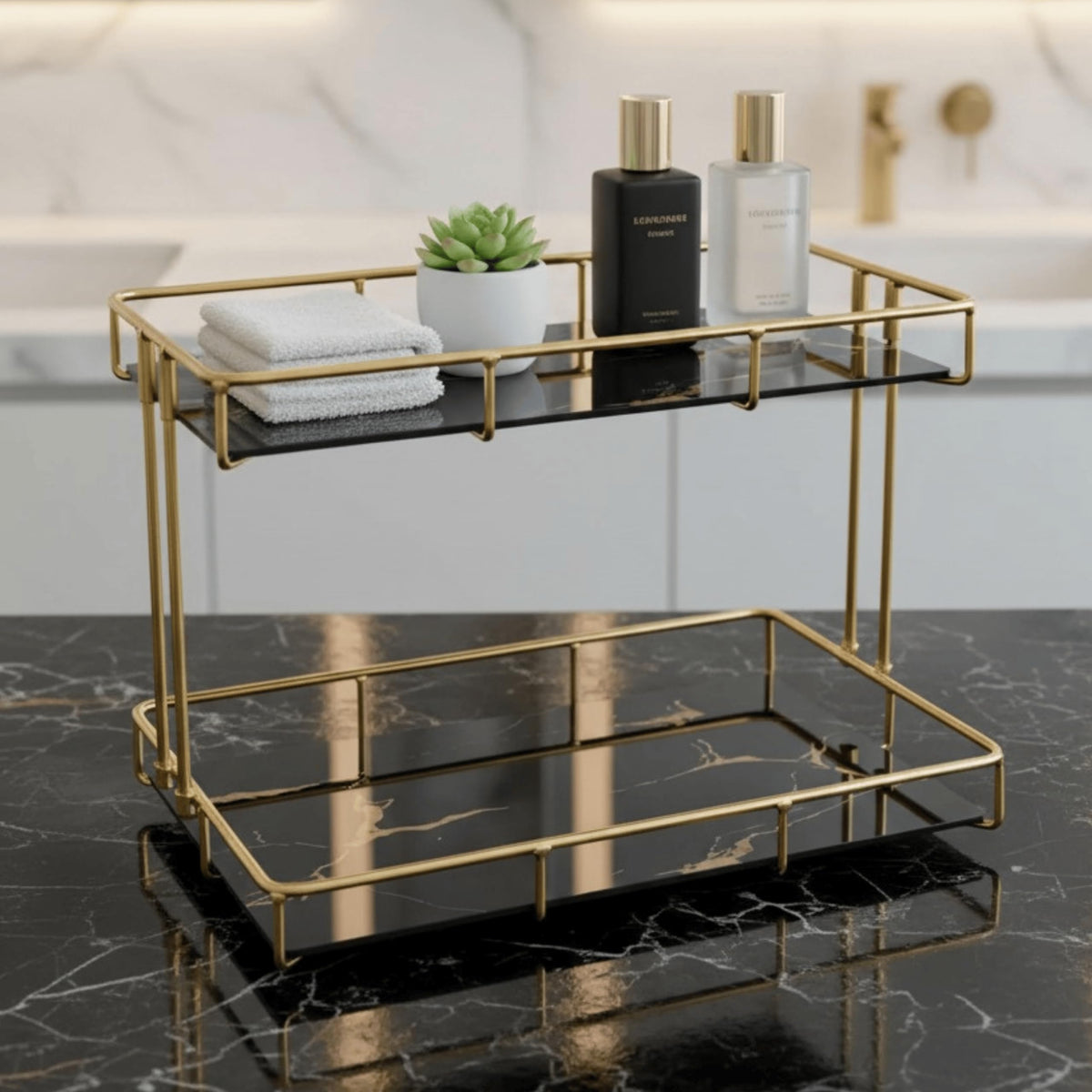 Léazora 2-Tier Black Marble Bathroom Countertop Organizer – Glass Shelves & Gold Metal Frame, Stylish Vanity Storage Shelf for Perfume, Skincare, Makeup & Toiletries