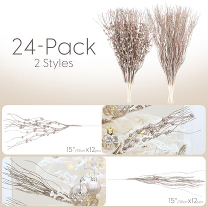 Sea Team 24-Pack Artificial Glitter Berry Stem Ornaments, Decorative Bead Sticks, Glittery Twigs, Picks, Branches for Christmas Tree, Small Vase, Holiday, Wedding, Party (15 Inches, Champagne)