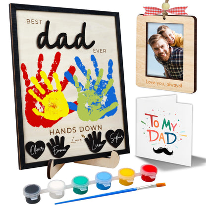 10" Best Dad Ever Hands Down Sign DIY Dad Gifts from Kids Handprint Kit with Acrylic Paint, Toddler Craft Birthday Gift Father's Day for Daddy, Papa Family Plaque with Daughter, Son Names HF90-D