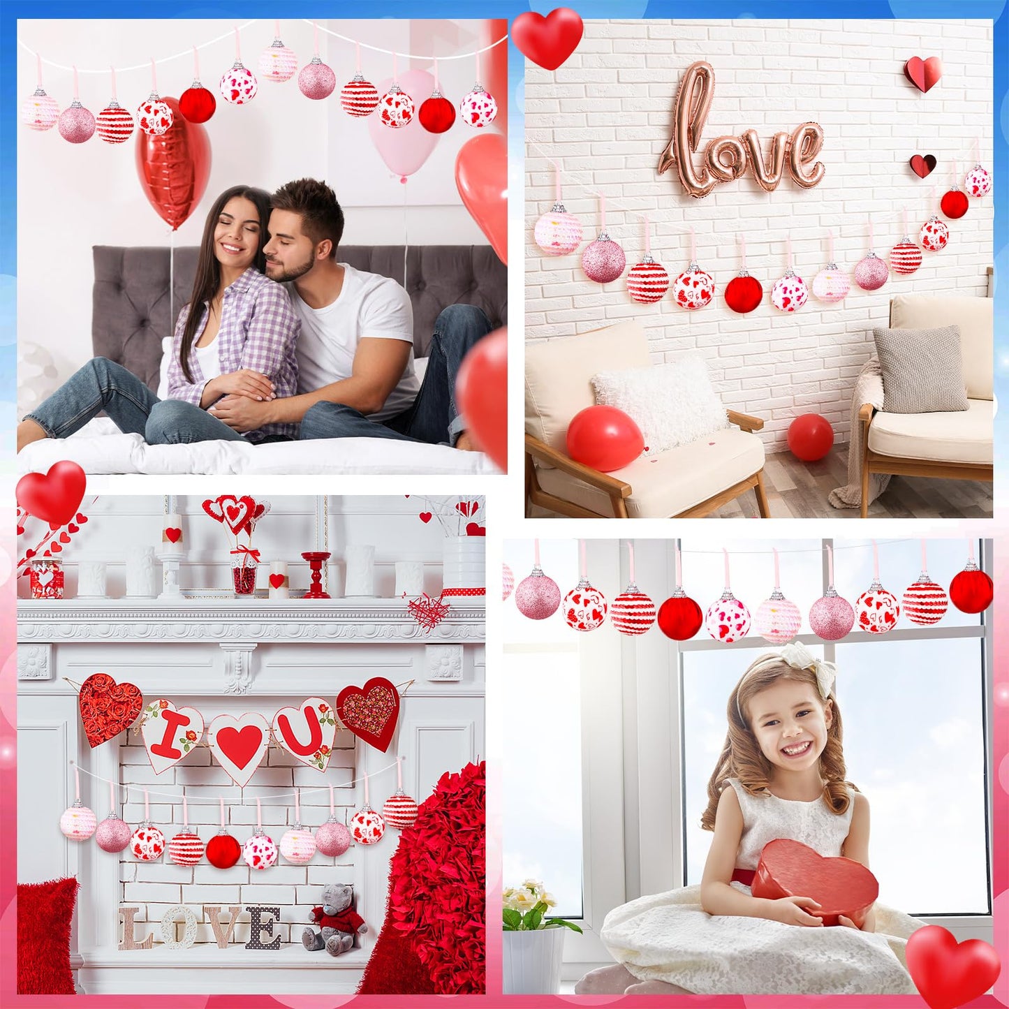 Riceshoot 12 Pcs Valentines Day Ball Ornaments 2.36 Inch Red Pink White Hanging Decor Heart Balls Ornaments for Tree Valentine's Day Party Supplies Decorations