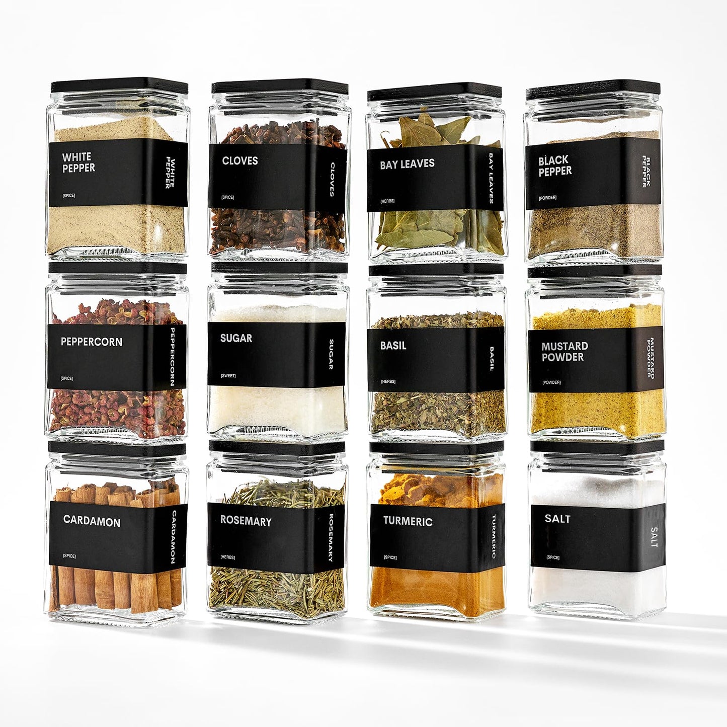 MUVEKA Glass Spice Jars with Bamboo Lid, 4oz Square Spice Containers for Pantry Organization, Seasoning Bottles with Labels, Spoons, Funnel for Salt Sugar