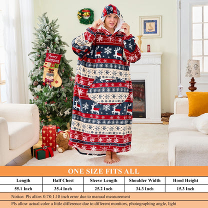 Moinlizy Wearable Blanket Hoodie, Long Thick Hooded Blanket Oversized for Adults Women Men with Pocket and Sleeves, Christmas Red Xmas Deer