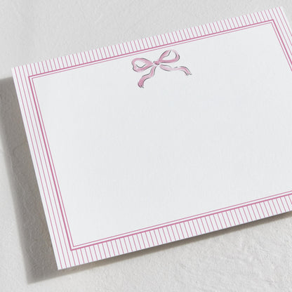 Minted Pink Bow Stationery Set, Set of 10, Flat Note Cards & Envelopes for Invitiations and Handwritten Thank You Messages, Pink Ribbon with Striped Back, Gifts for Women, Luxurious Paper