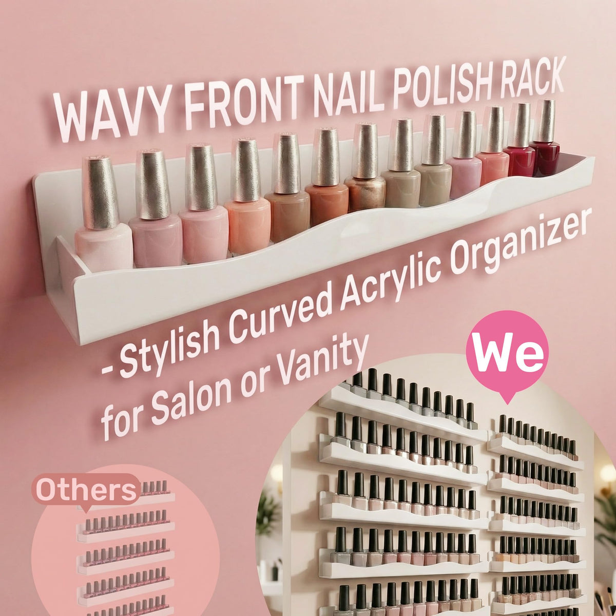 YMVV 15" Nail Polish Racks Wall Mounted Shelf,6 Pack White Acrylic Nail Polish Organizer Nail Supplies for Nail Techs,Great Display for Salons Retailers