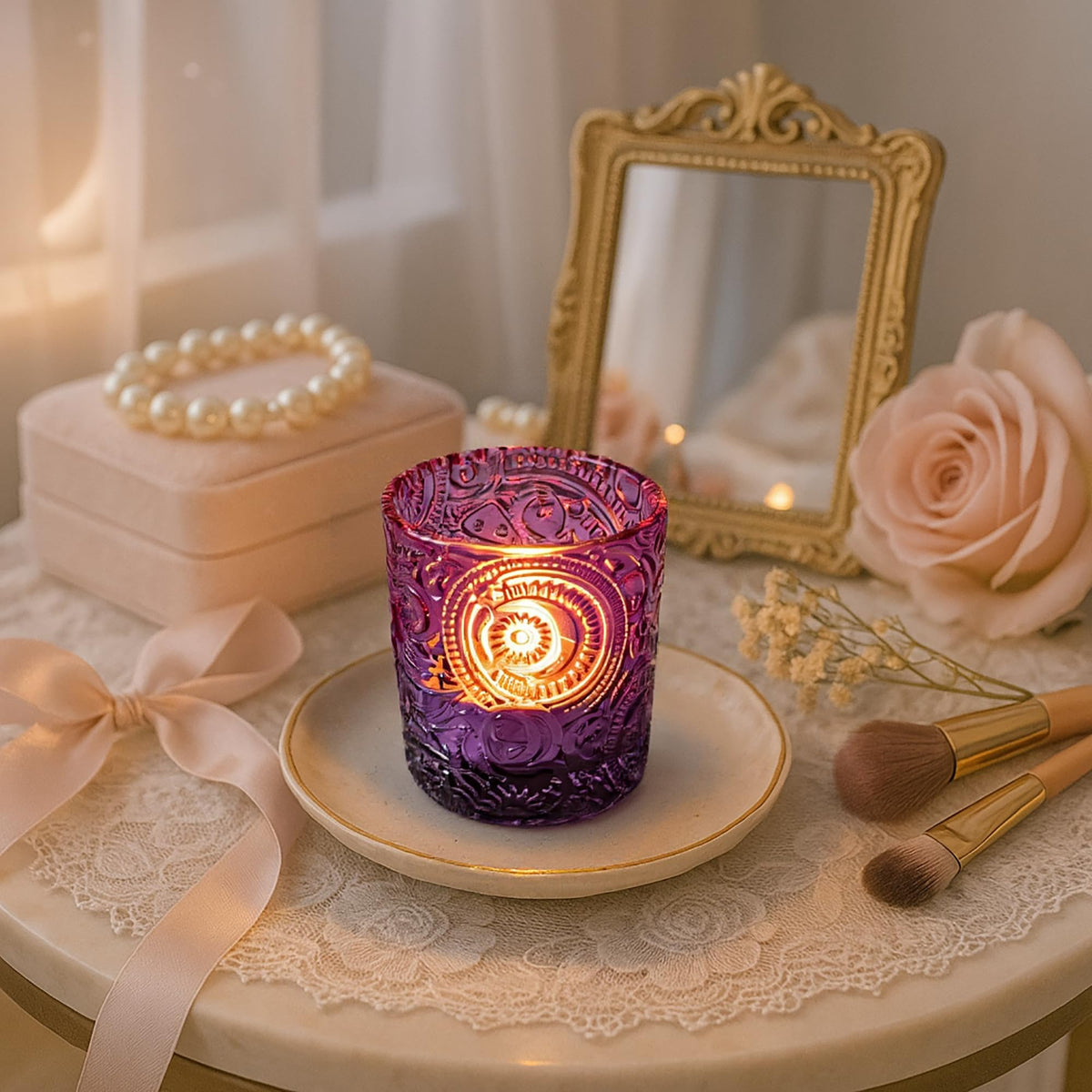 12 Pack Sun Moon Star Embossed Glass Tea Light Candle Holders - Votive Candle Holders for Wedding, Party, Home Decor, and Table Centerpieces (Amethyst Purple)
