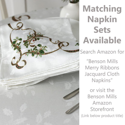 Benson Mills Merry Ribbons Engineered Printed Jacquard Fabric Christmas Table Cloth, for Christmas, Winter, and Holiday Tablecloth (60" x 104" Rectangular, Merry Ribbons)