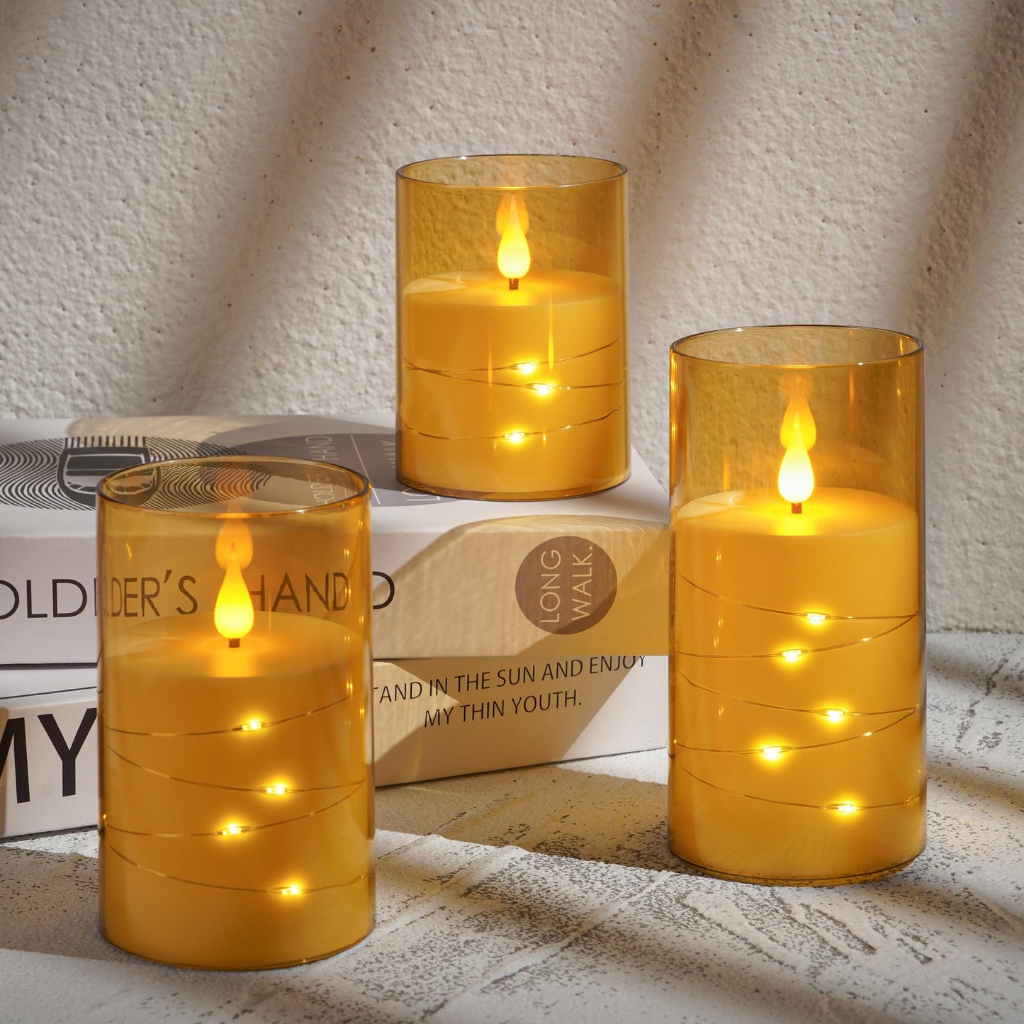 Kiexung Flashing Flameless Candles with String Light, Battery Powered Candle, Recessed String LED Candles, Indestructible Plexiglass Candle with Remote Control, Set of 3, Amber