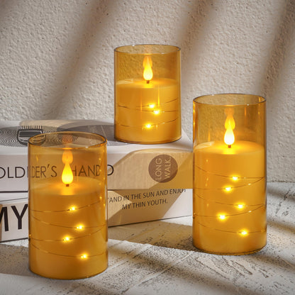 Kiexung Flashing Flameless Candles with String Light, Battery Powered Candle, Recessed String LED Candles, Indestructible Plexiglass Candle with Remote Control, Set of 3, Amber