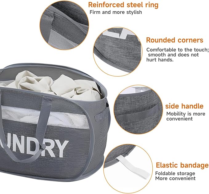 Foldable Laundry Basket with Lid, Oxford Cloth Reinforced Steel Ring