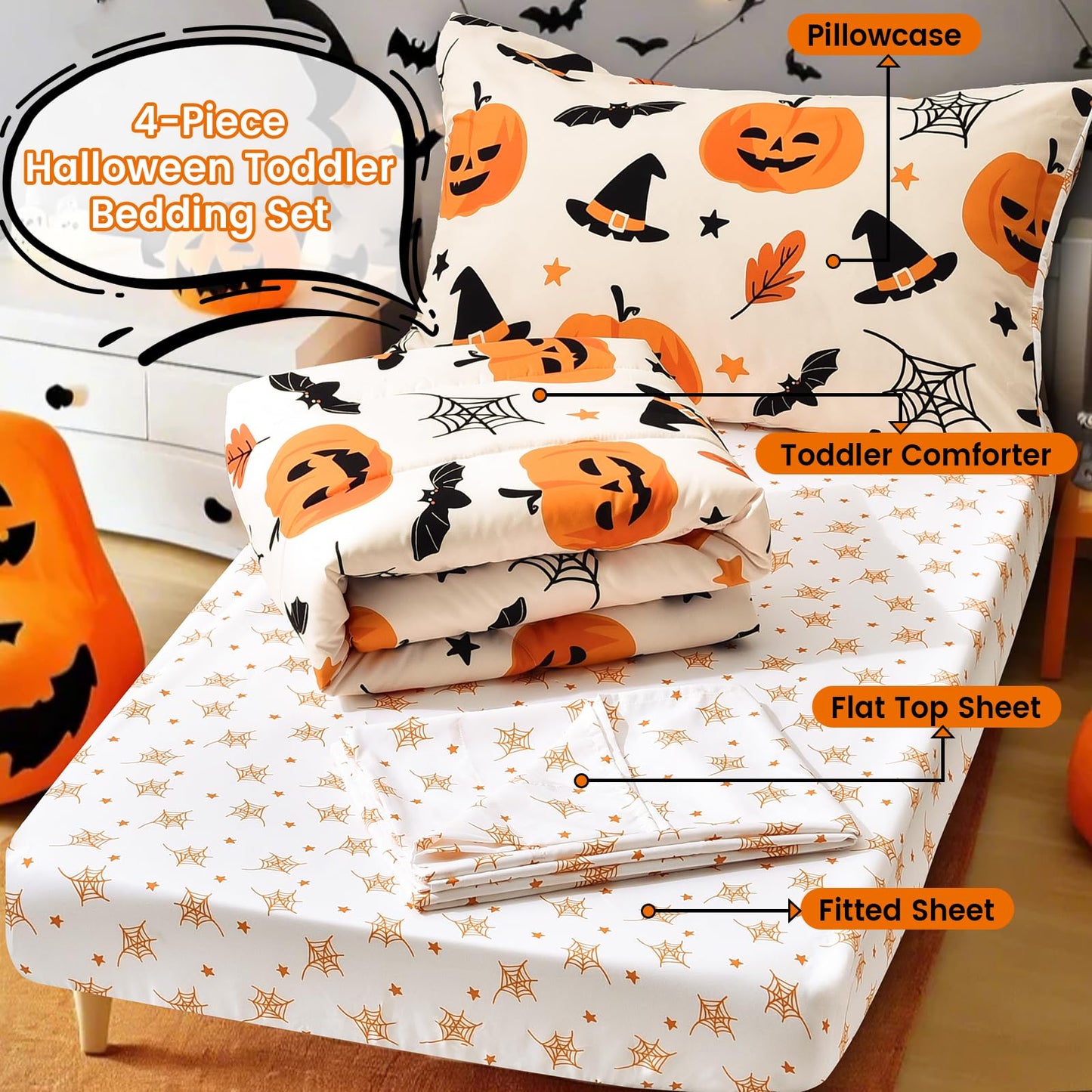 PHF 4 Piece Toddler Bedding Set, Ultra Soft Toddler Comforter Sets Include Comforter, Fitted Sheet, Flat Top Sheet and Pillowcase for Girls, Halloween Bed in A Bag for Baby Bedroom, Pumpkin
