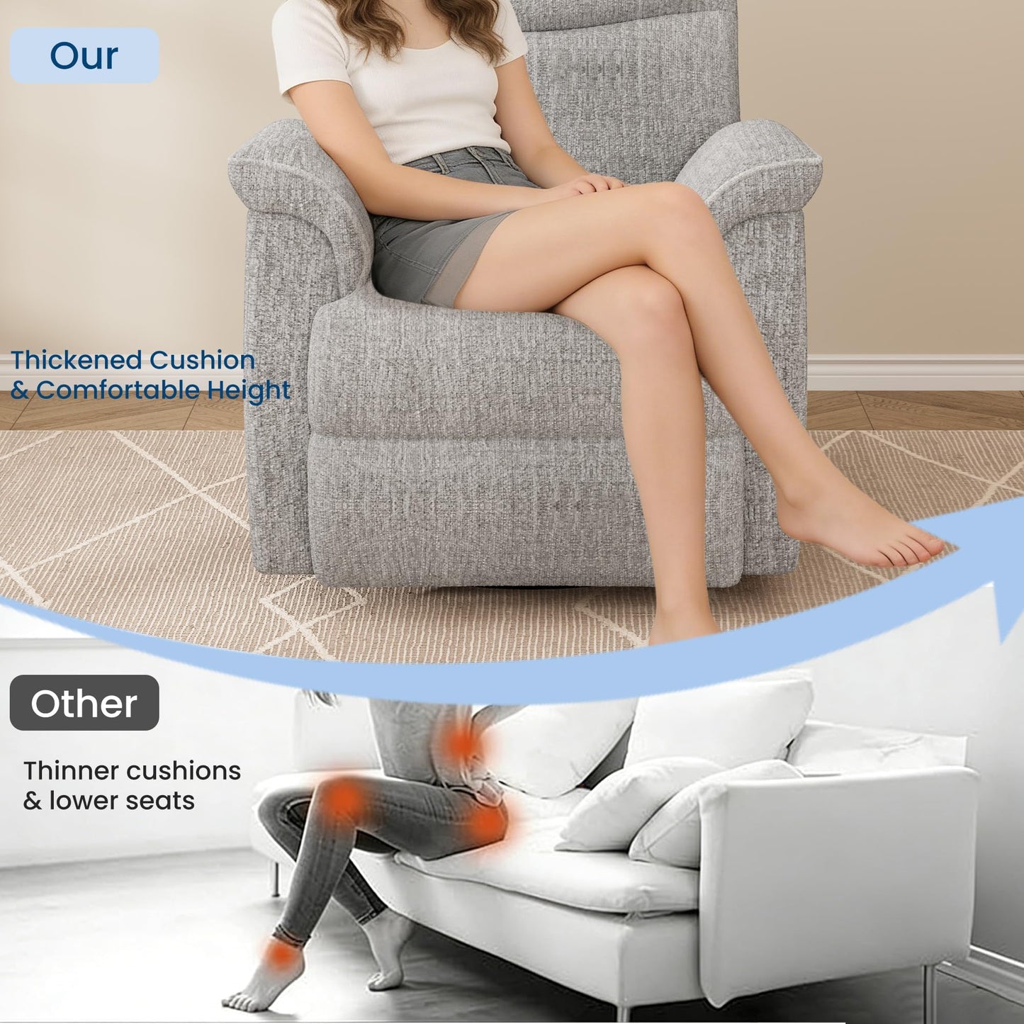 GarveeHome 360° Swivel Rocker Glider Nursery Recliner Chair, Chenille Upholstered with Padded Armrest & Deep Seat, Manual Reclining Sofa for Living Room, Bedroom, Nursery (Light Gray)
