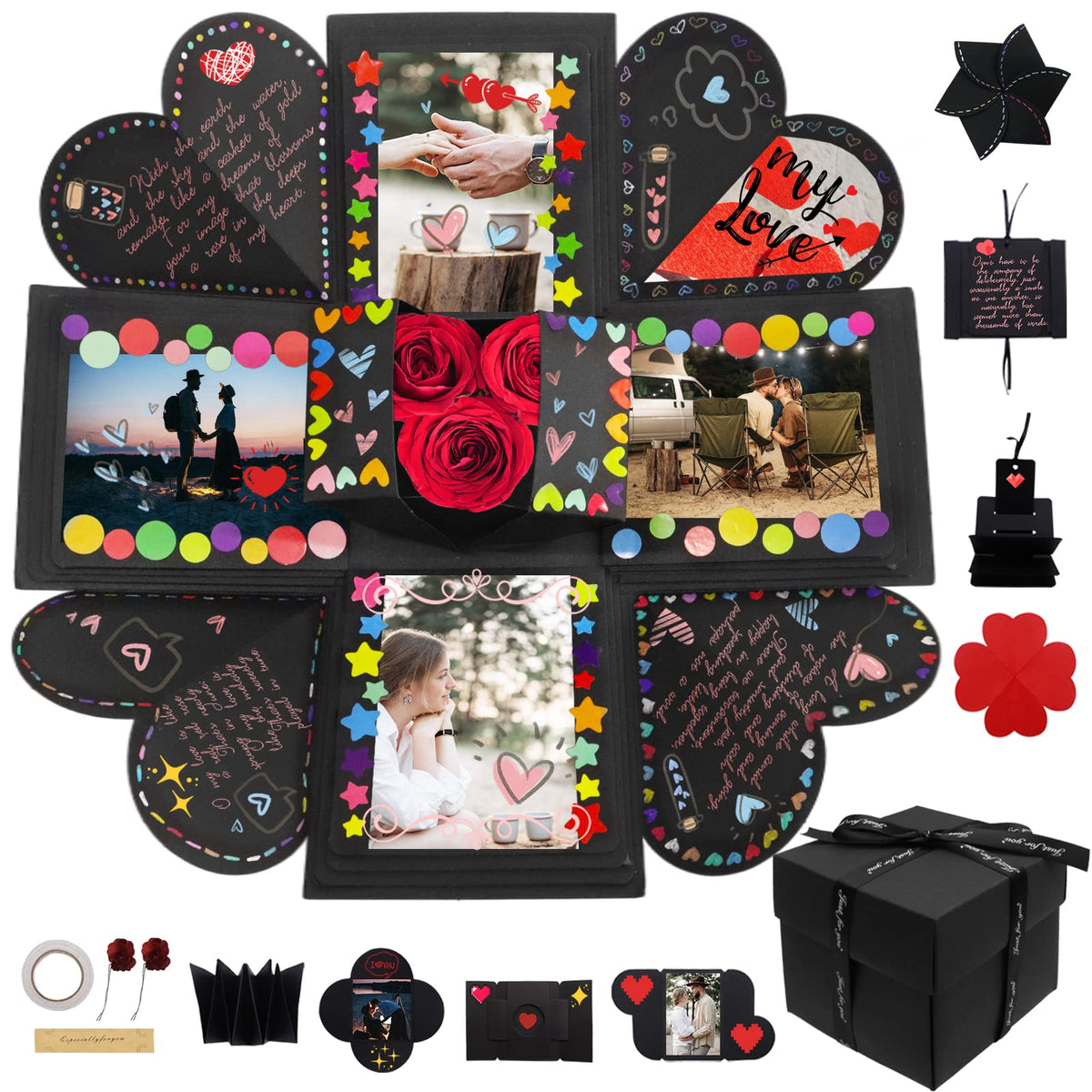 Hamiggaa Explosion Box Gifts,Surprise Creative DIY Photo,Exploding Love Box,Love Memory Photo Box with 4 Faces for Anniversary,Birthday,Valentine's Day and Wedding(Black)